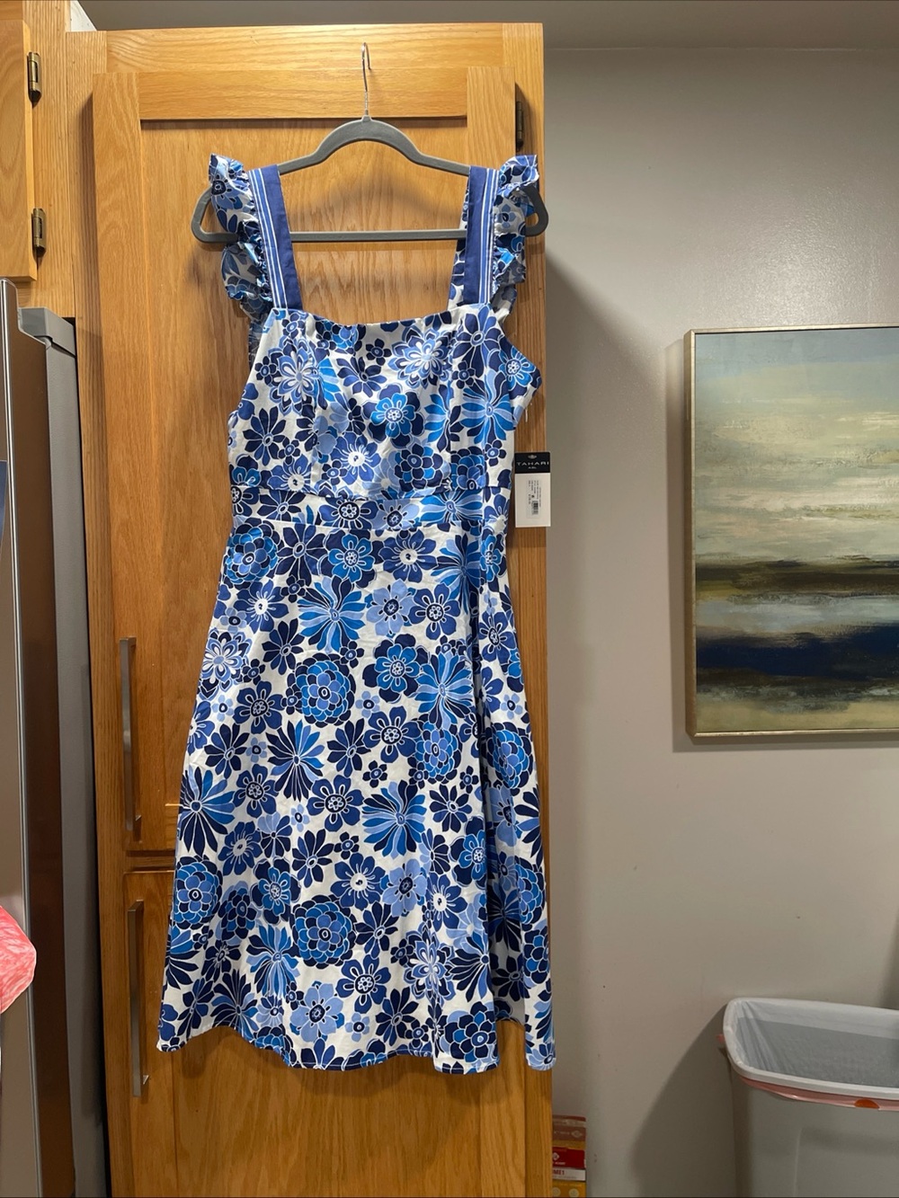 NWT‎ Tahari Blue & White Floral Square-Neck Midi Dress, Summer, Holiday,